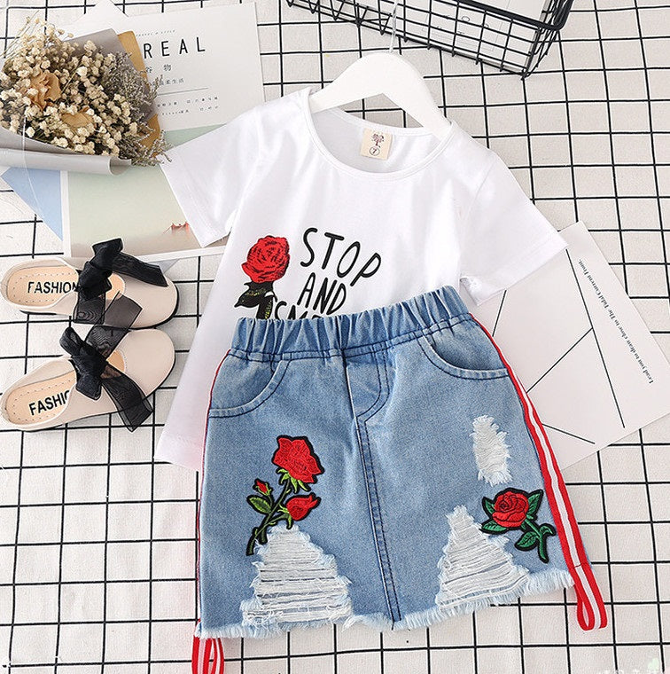 Girls' T-Shirt and Denim Skirt Set