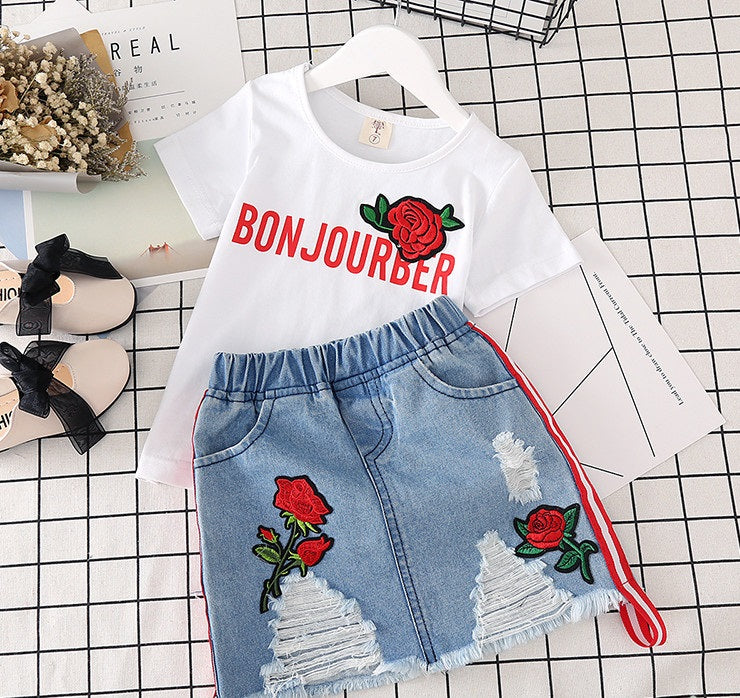 Girls' T-Shirt and Denim Skirt Set