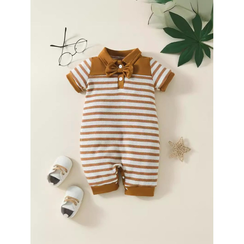 Baby Waffle Strip Short Sleeve Rompers