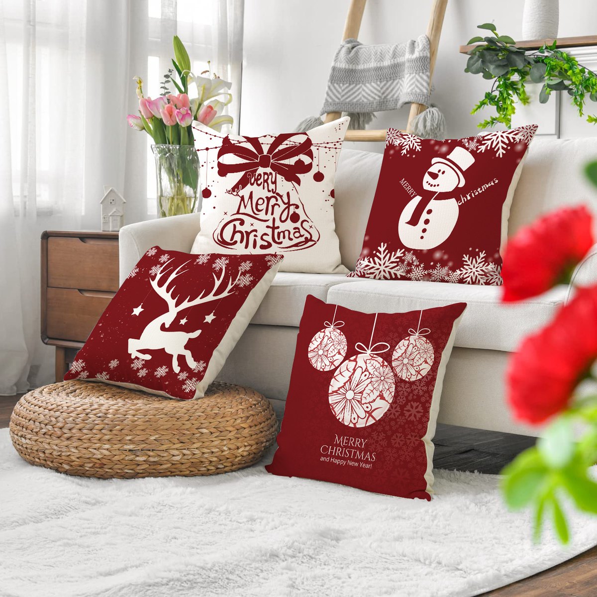 Snowman & Reindeer Cushion Cover, 45 x 45 cm