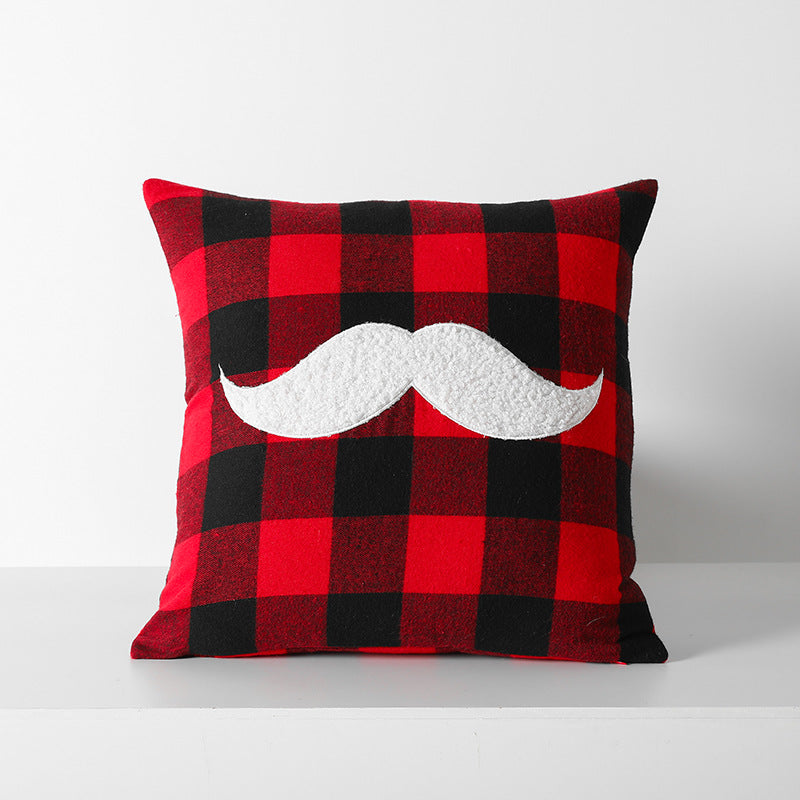 Red and Black Plaid Embroidered Christmas Cushion Cover