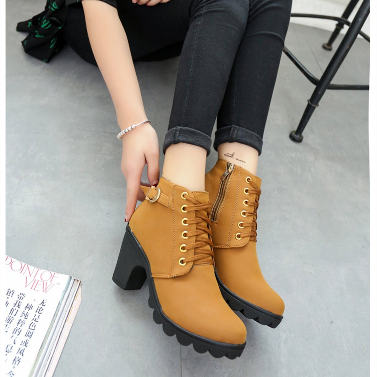 Chunky Block Heel Buckle Ankle Boots