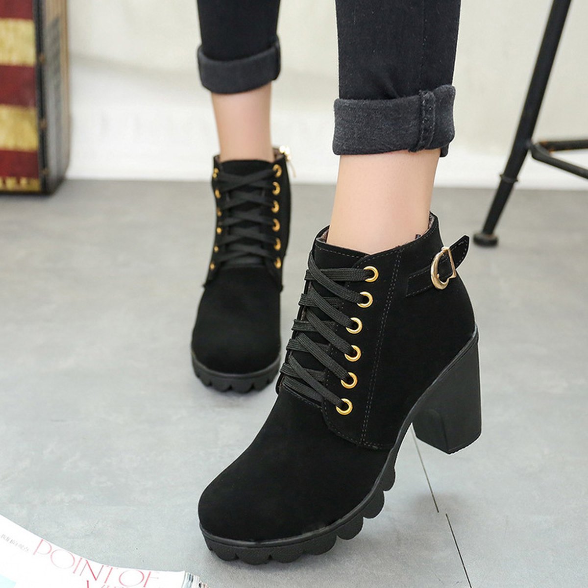Chunky Block Heel Buckle Ankle Boots