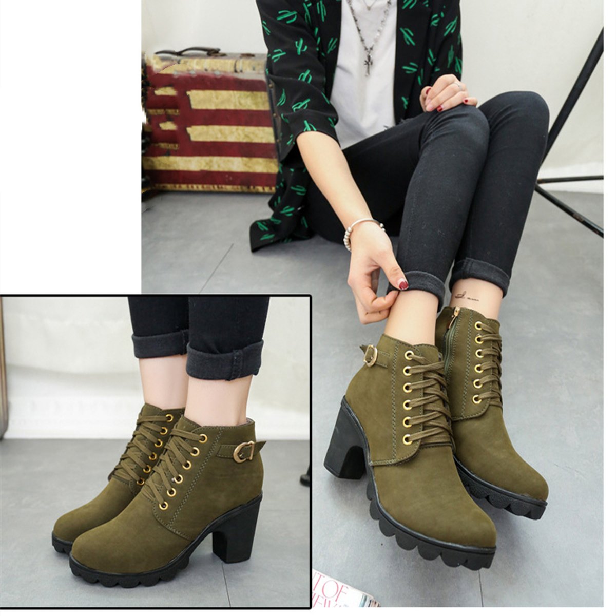 Chunky Block Heel Buckle Ankle Boots