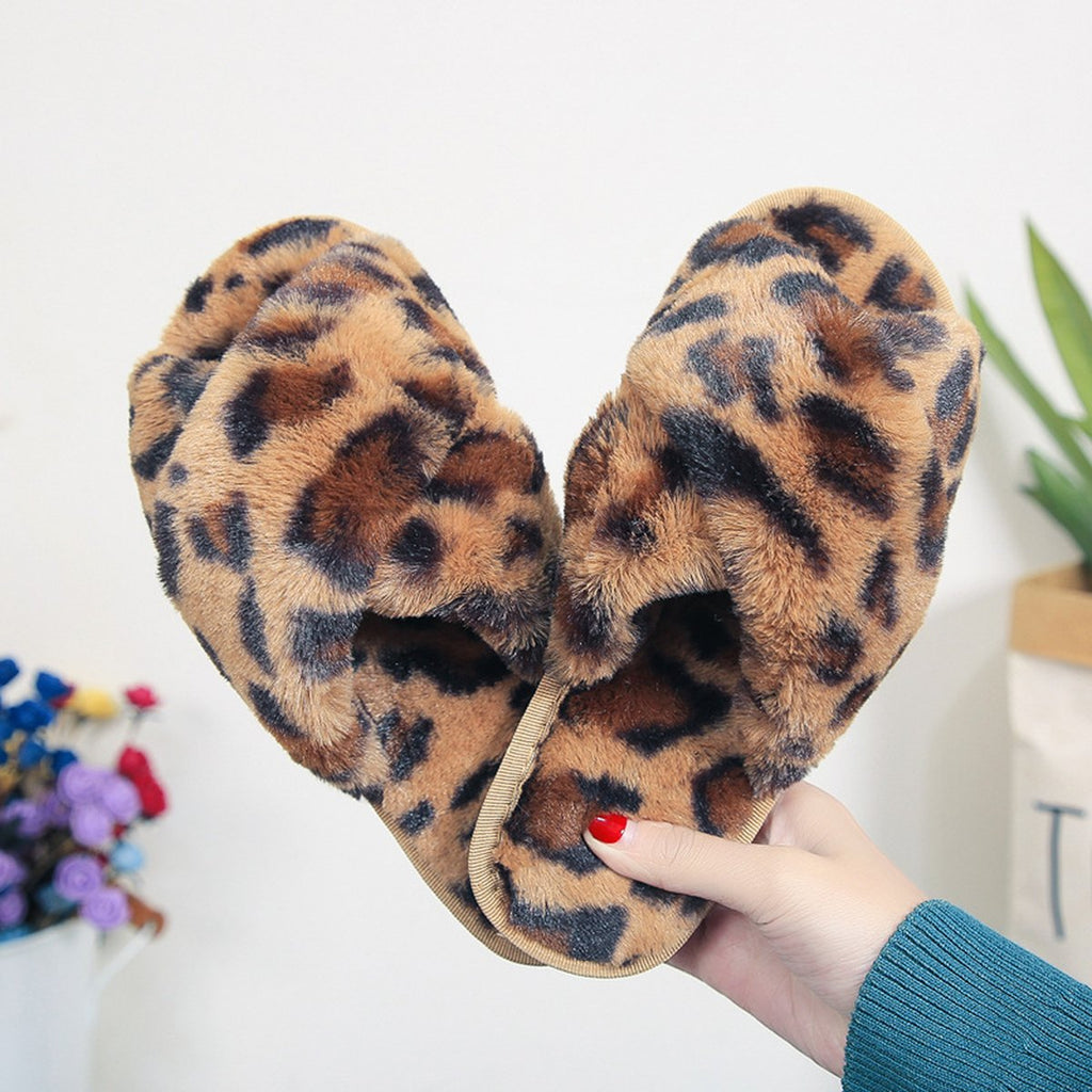Leopard Cross-Strap Fuzzy Slippers