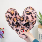 Leopard Cross-Strap Fuzzy Slippers