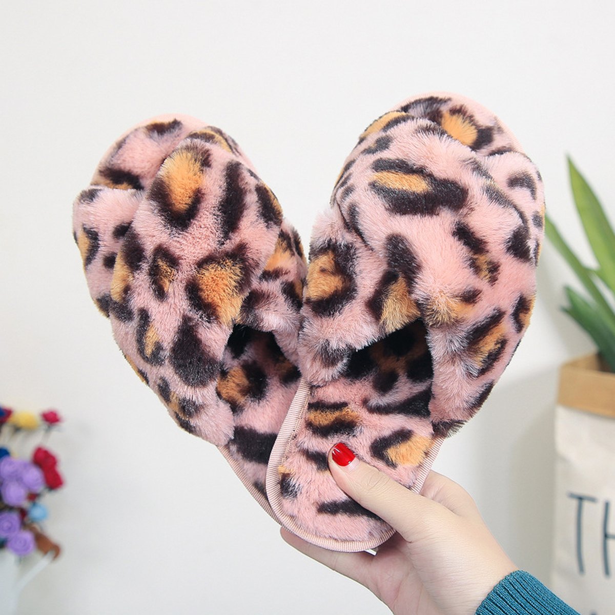 Leopard Cross-Strap Fuzzy Slippers