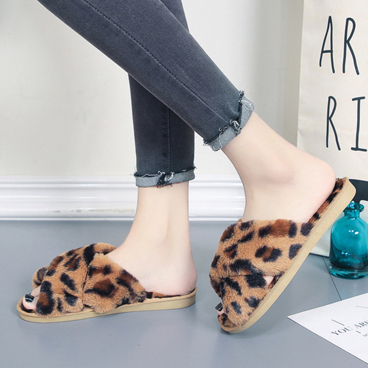 Leopard Cross-Strap Fuzzy Slippers