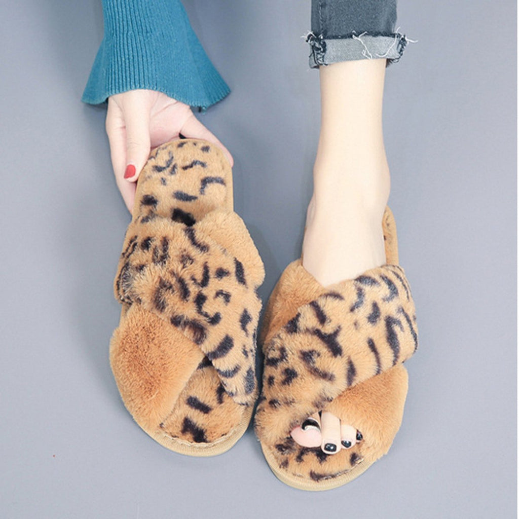 Leopard Cross-Strap Fuzzy Slippers