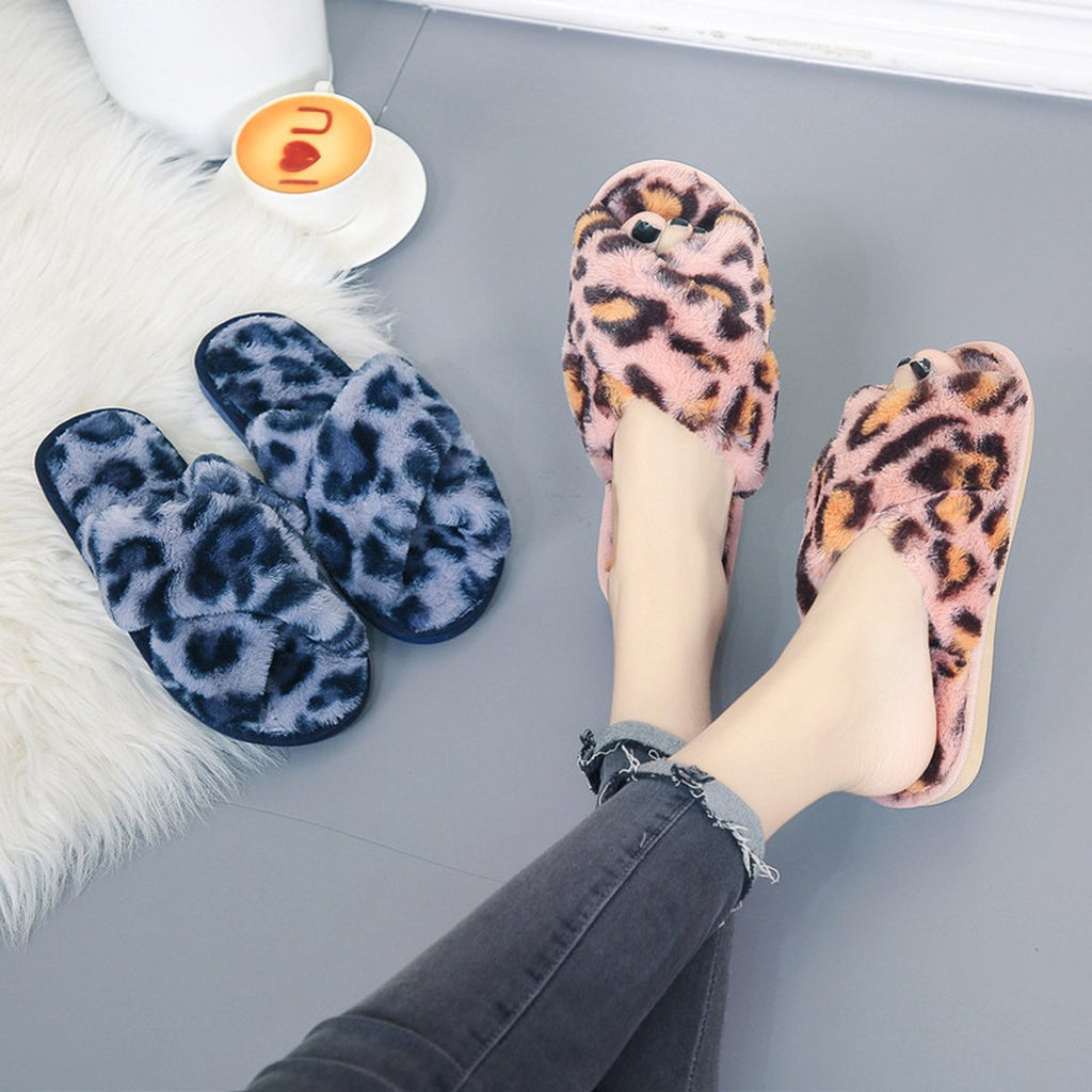 Leopard Cross-Strap Fuzzy Slippers