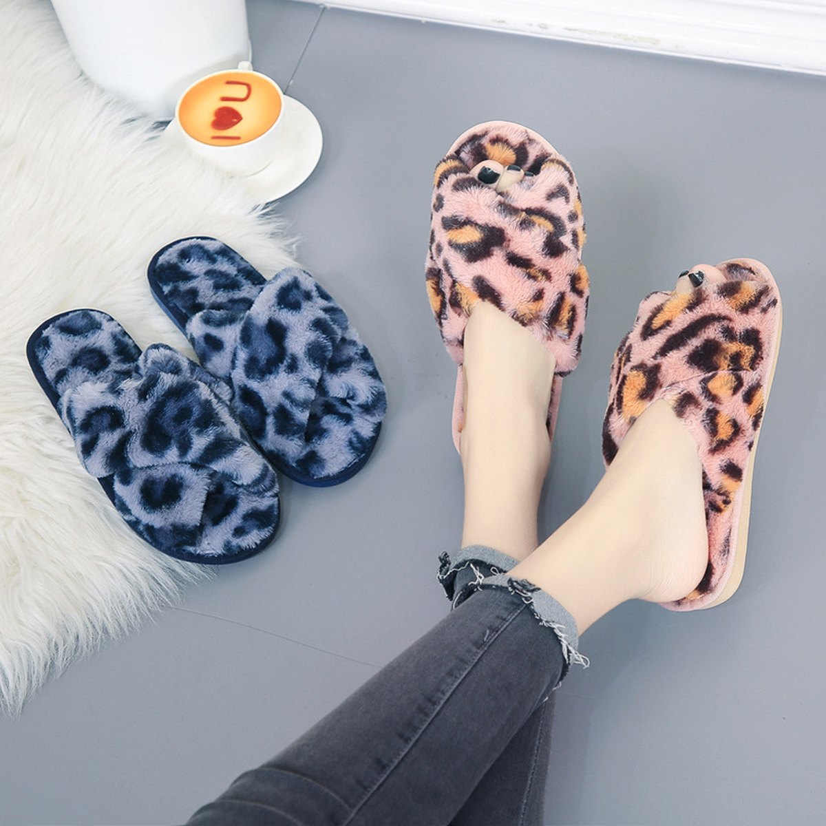 Leopard Cross-Strap Fuzzy Slippers