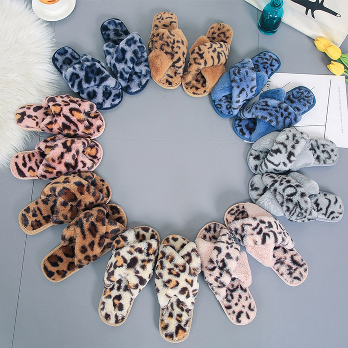 Leopard Cross-Strap Fuzzy Slippers