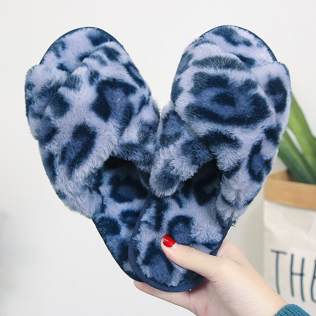 Leopard Cross-Strap Fuzzy Slippers