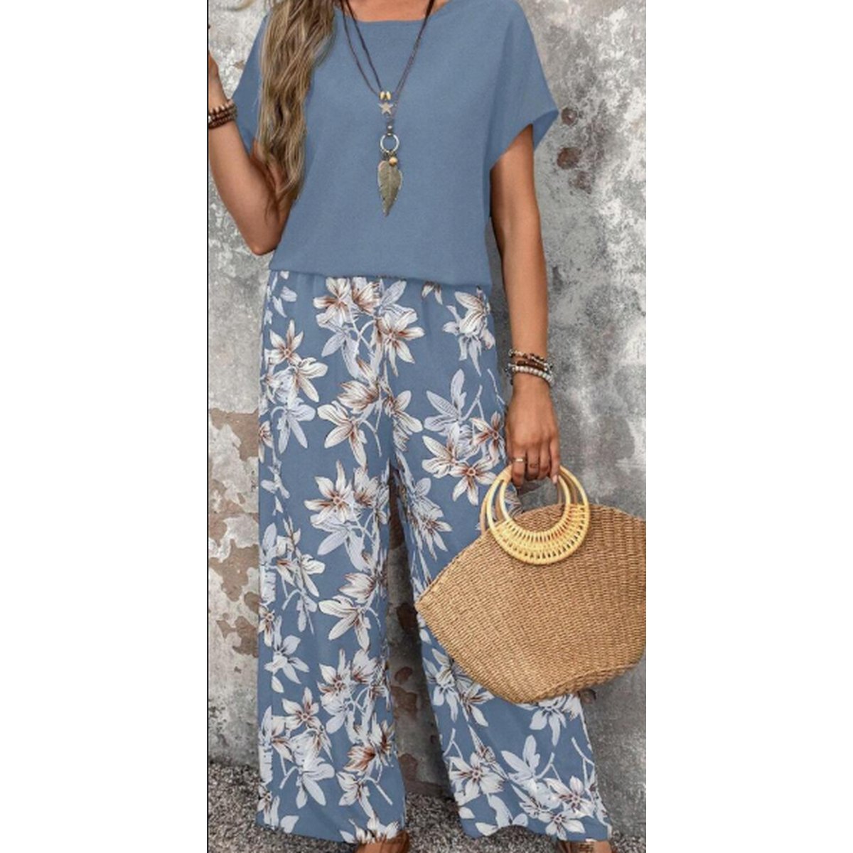 Top and Flower Print Wide Leg Pants Set