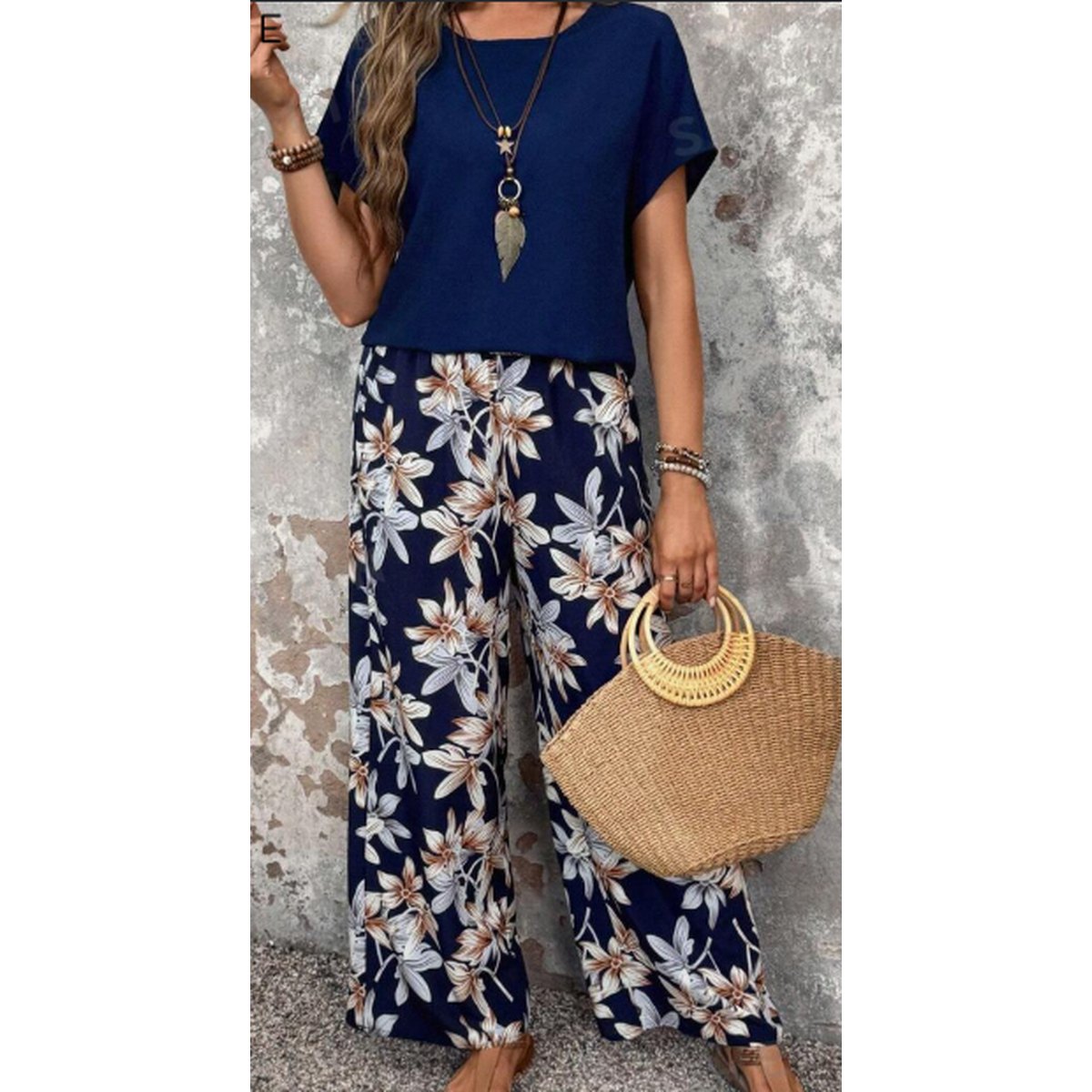 Top and Flower Print Wide Leg Pants Set