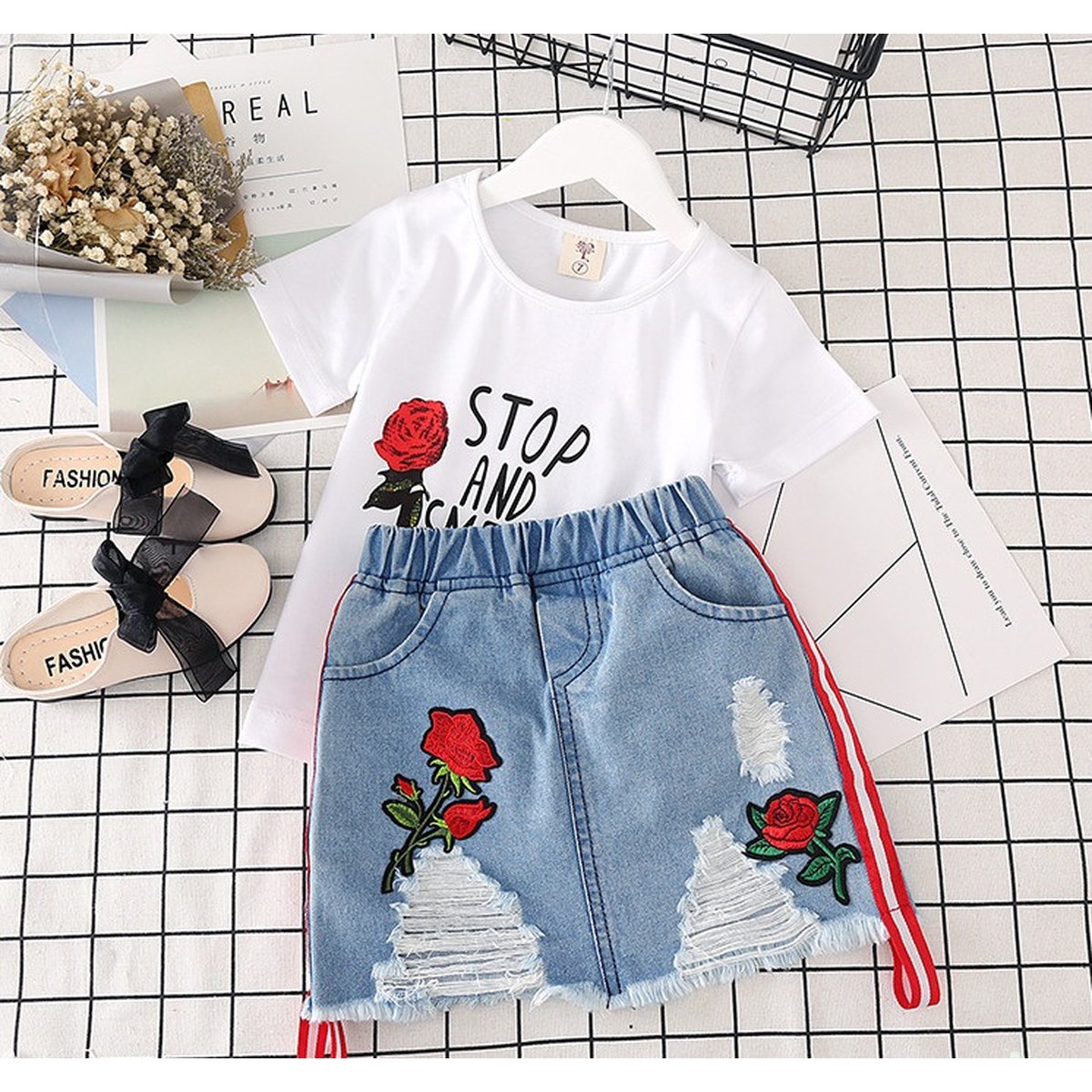 Girls' T-Shirt and Denim Skirt Set