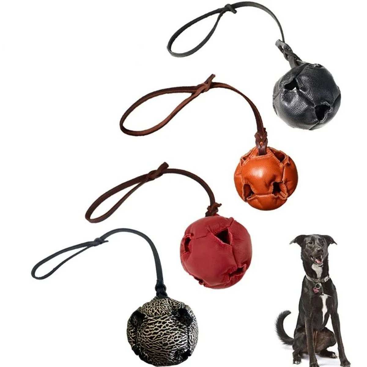 Leather Dog Training Ball Toy Tug Handle