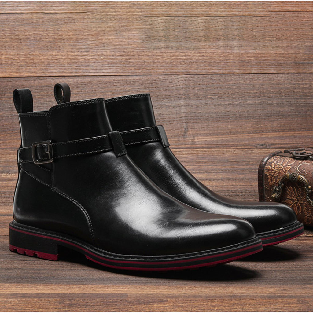 Men's Bright Black Boots Red Background