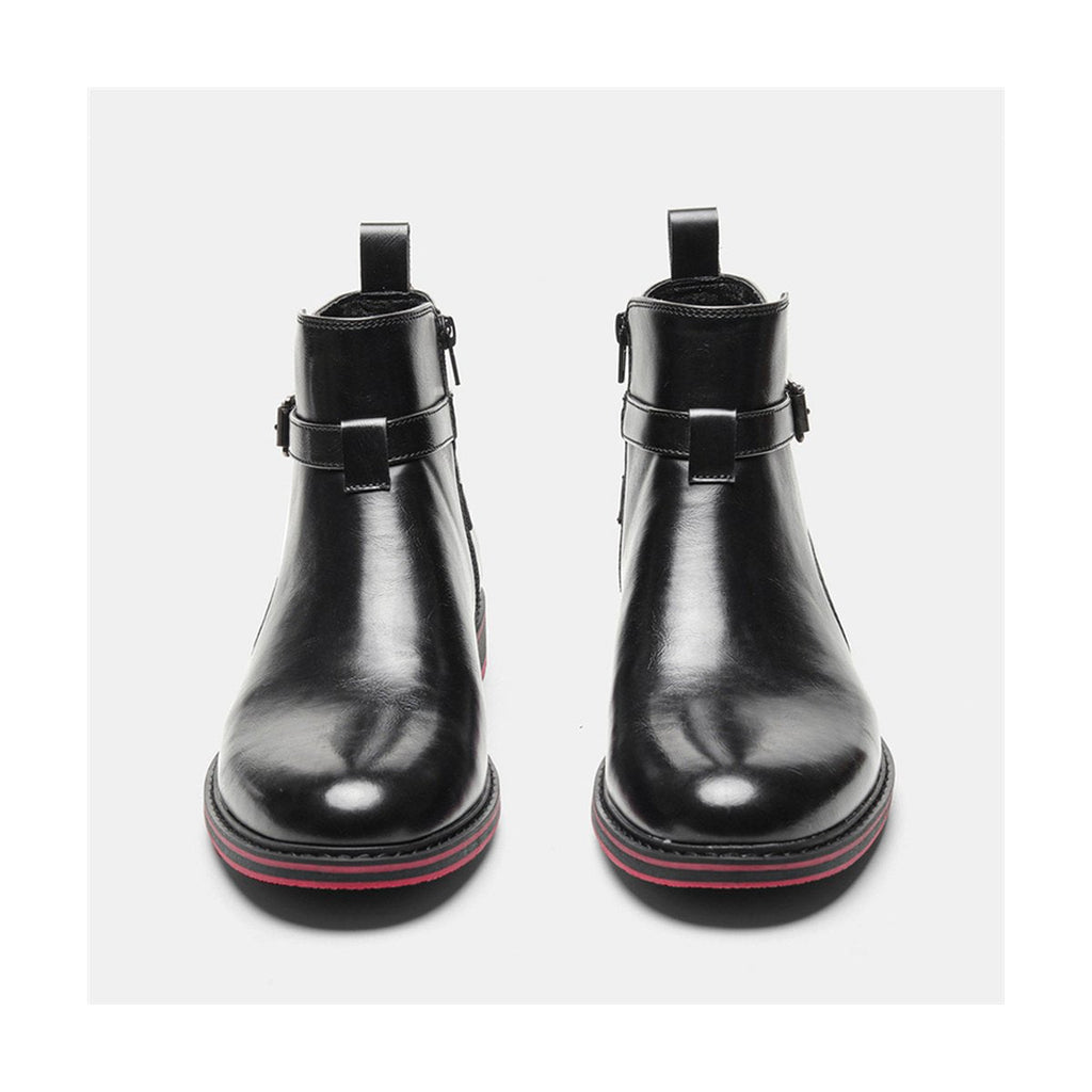 Men's Bright Black Boots Red Background