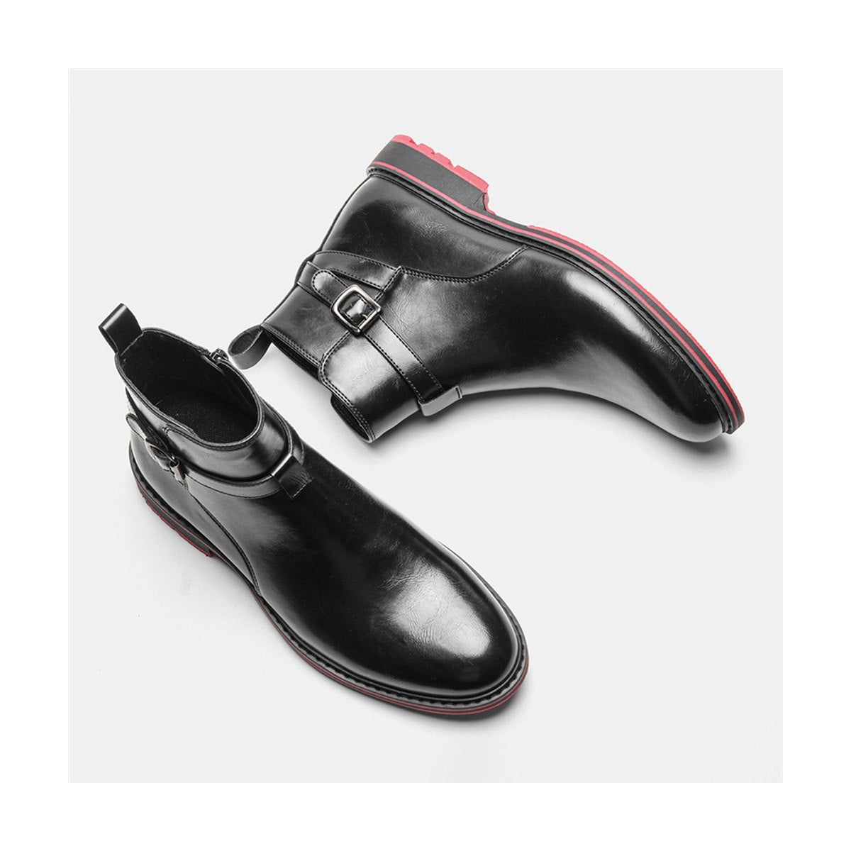 Men's Bright Black Boots Red Background