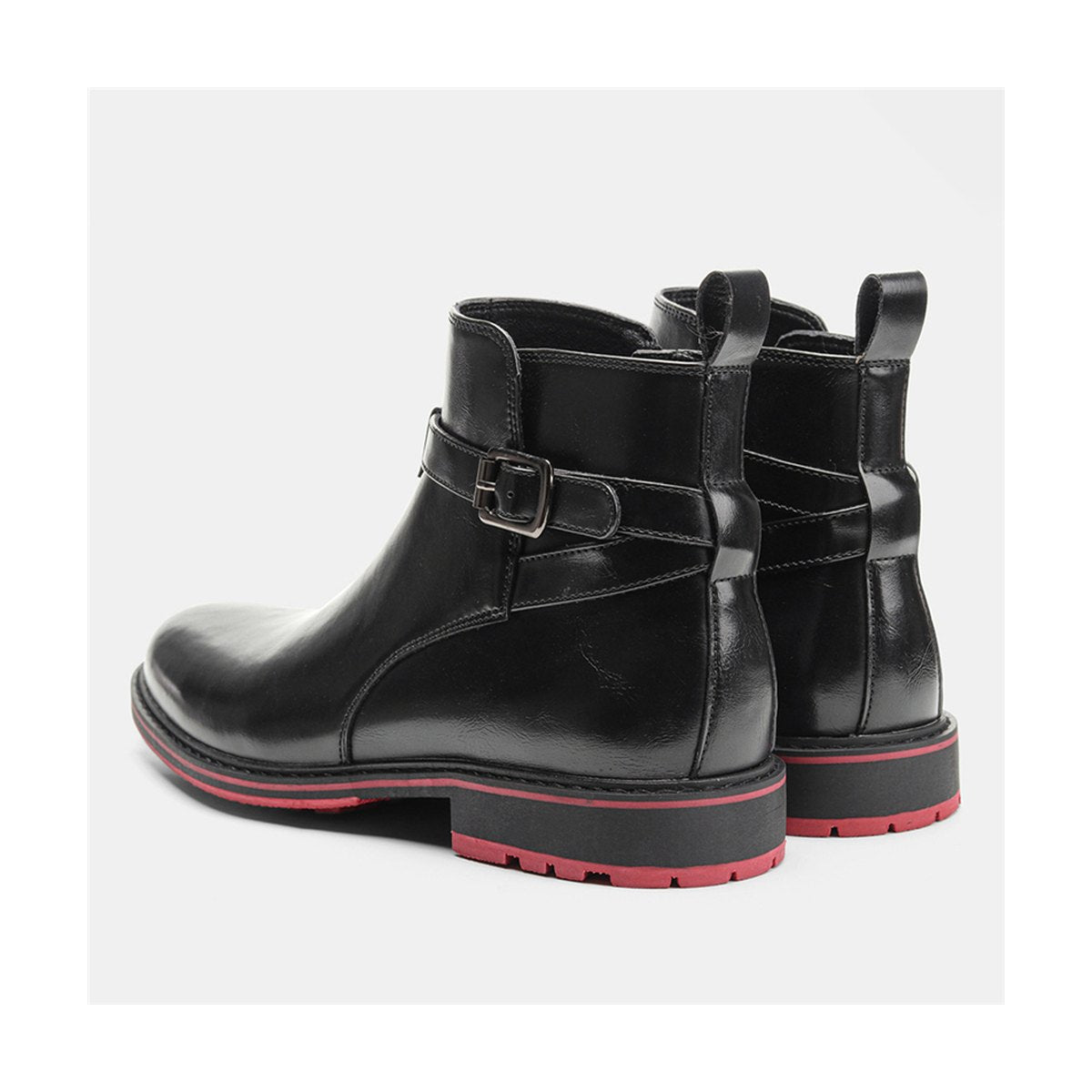 Men's Bright Black Boots Red Background