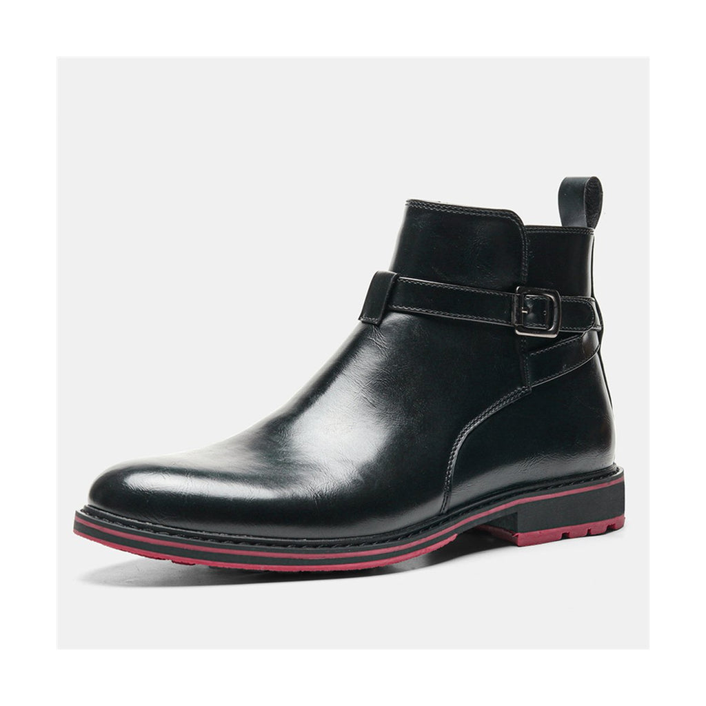 Men's Bright Black Boots Red Background