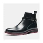 Men's Bright Black Boots Red Background