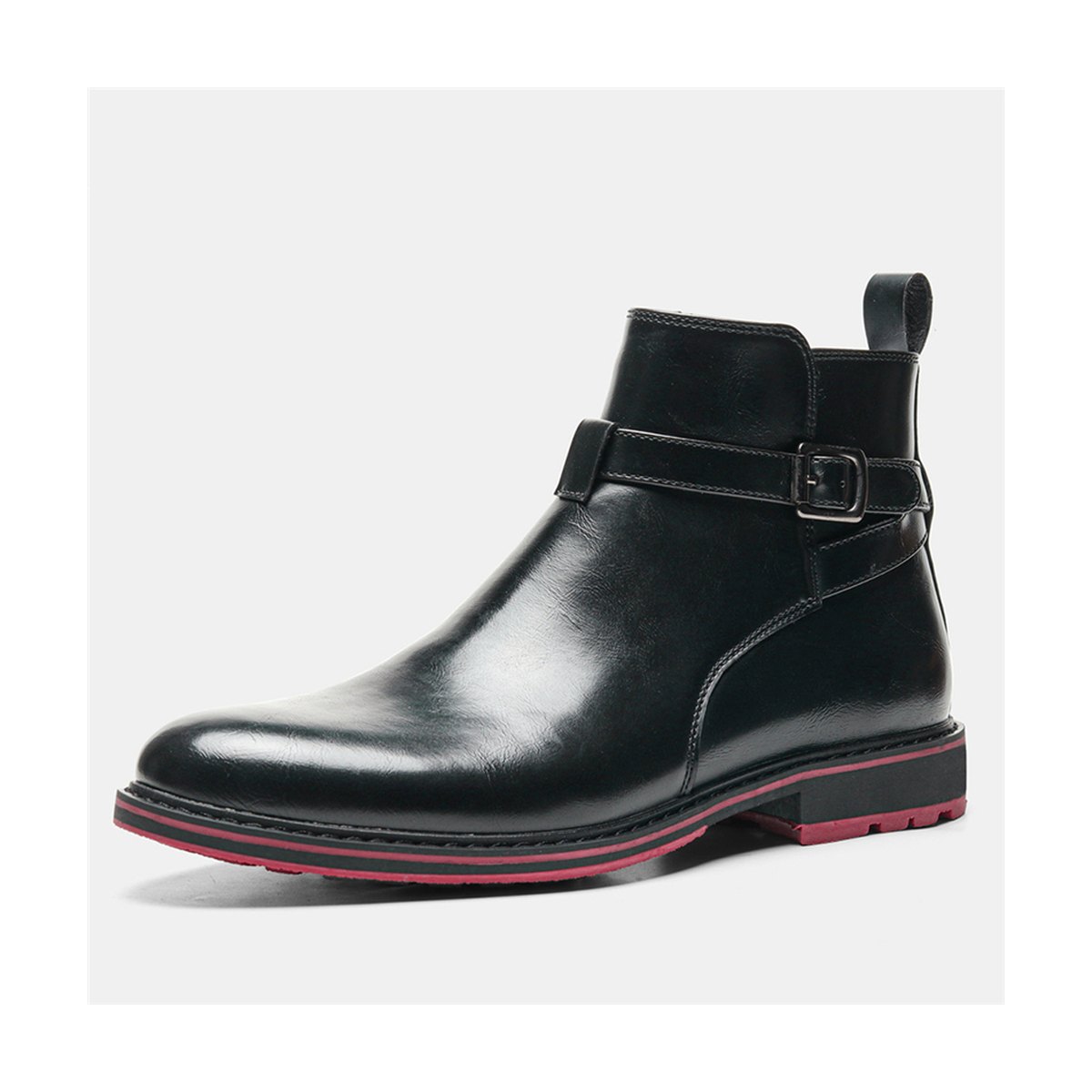 Men's Bright Black Boots Red Background