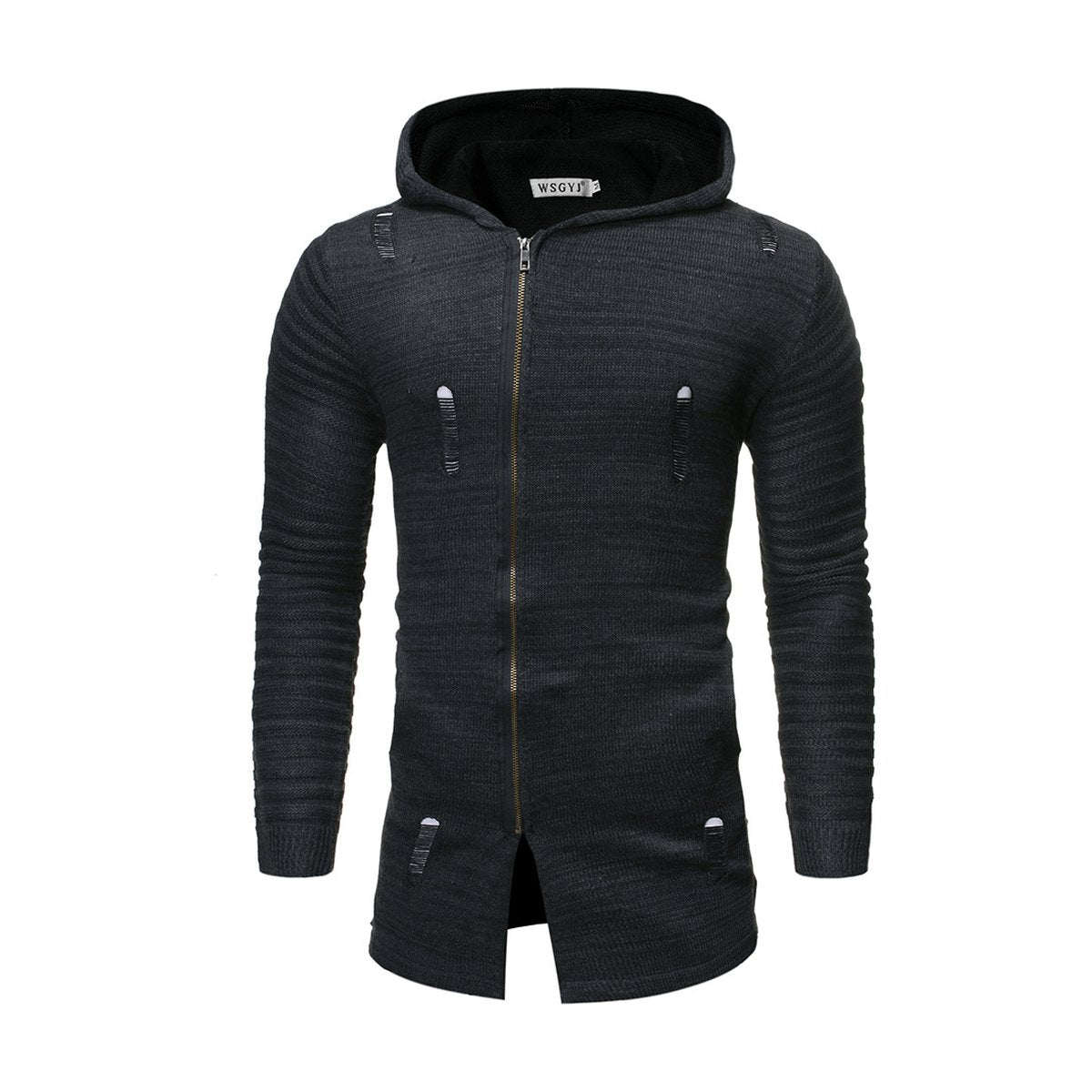 Men's Casual Knit Sweater Diagonal Pull Hole Hooded