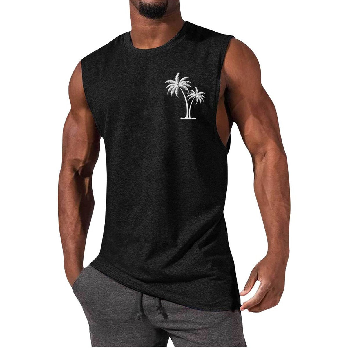 Men's Coconut Tree Embroidery Vest Beach Tank Tops