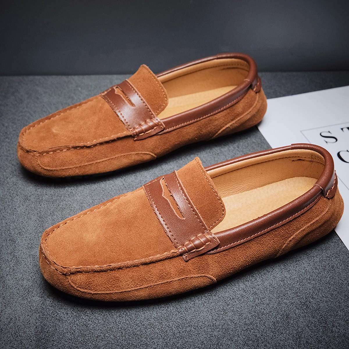 Men's Color-block Edging Slip On Loafer Versatile Leather