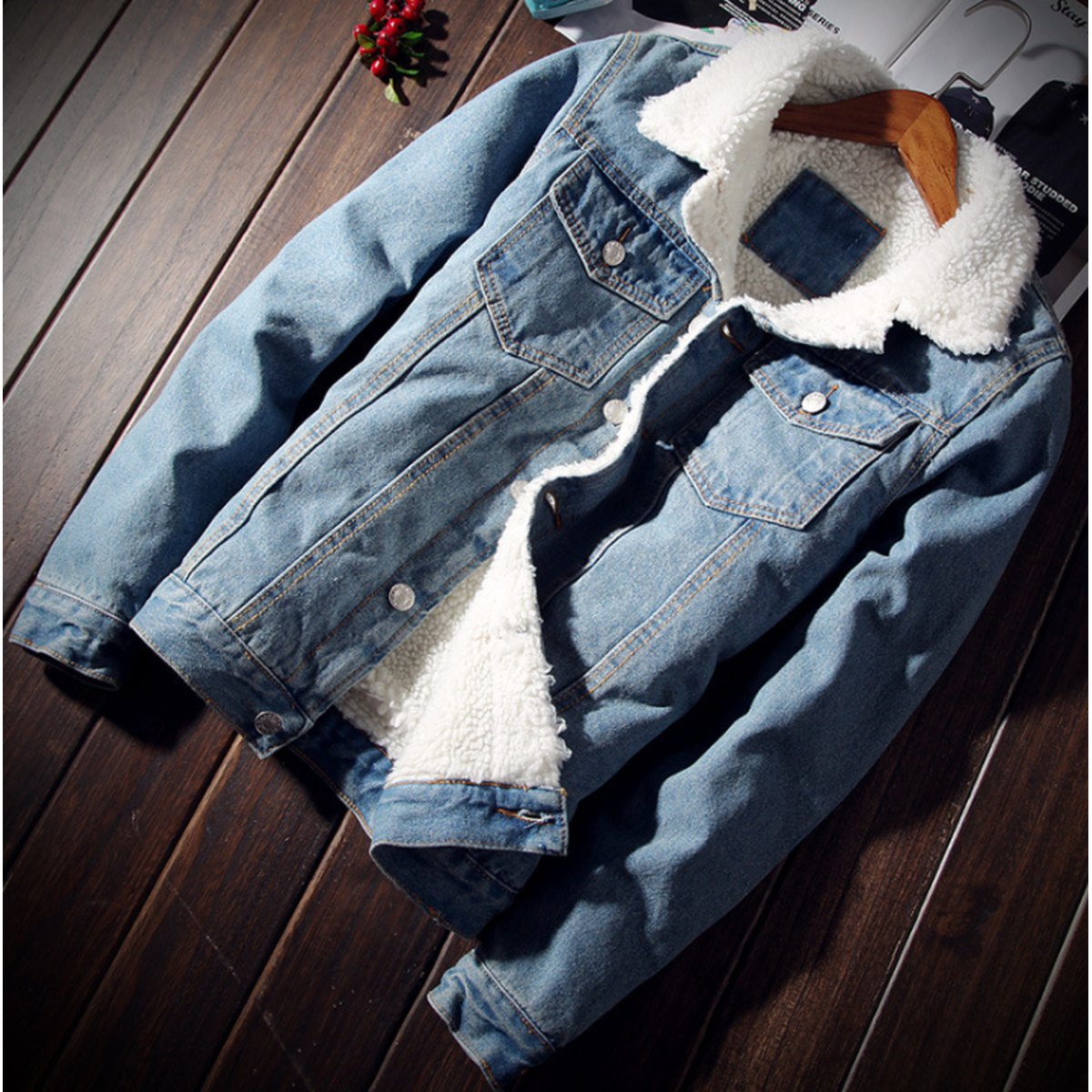 Men's Denim Bomber Jacket Fur Black High Quality