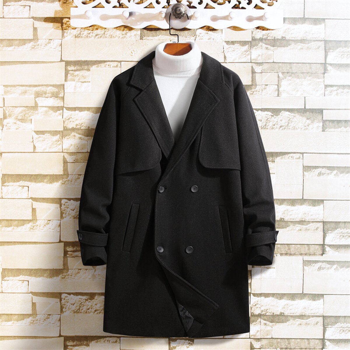 Men's Double Breasted Wool Mid-length Woolen Coat