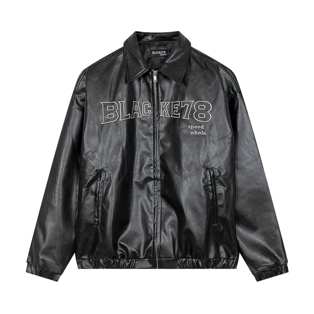 Men's Embroidered Letters Leather Coat