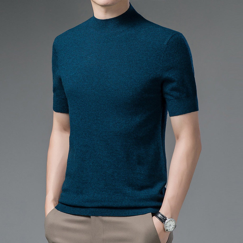 Men's Half Turtleneck Pure Wool Sweater Short Sleeves