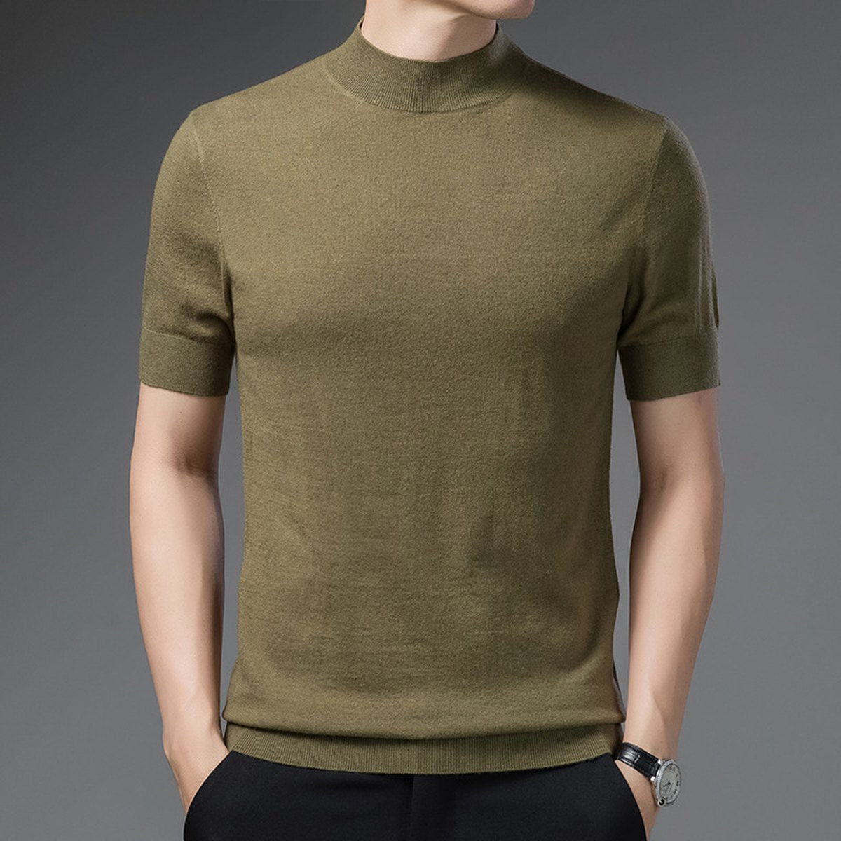 Men's Half Turtleneck Pure Wool Sweater Short Sleeves