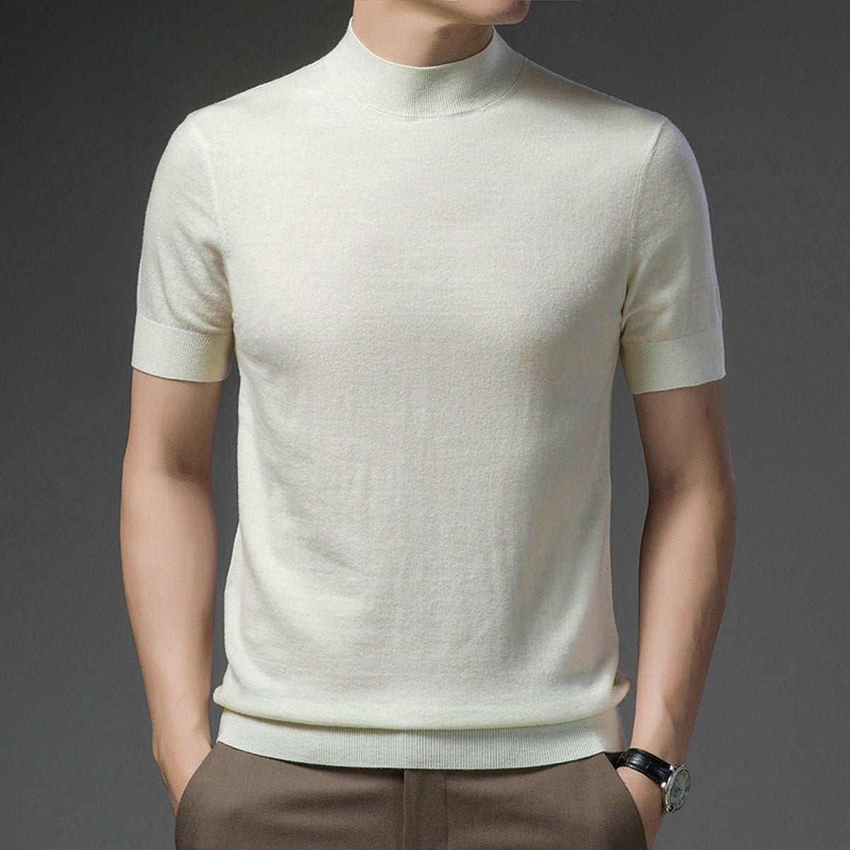Men's Half Turtleneck Pure Wool Sweater Short Sleeves