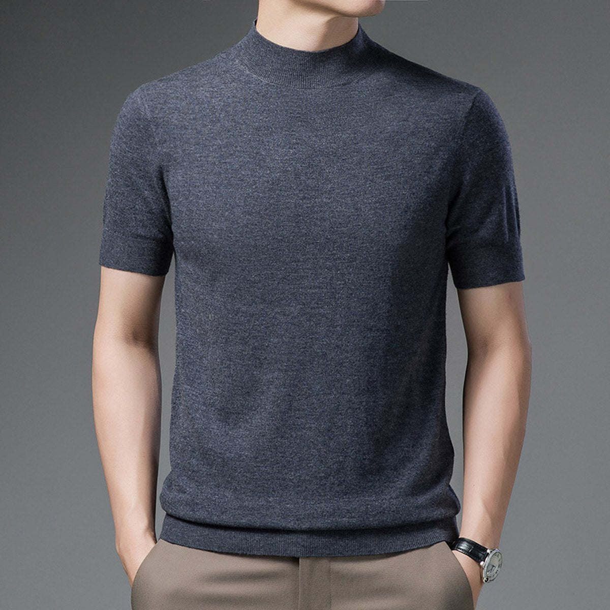 Men's Half Turtleneck Pure Wool Sweater Short Sleeves