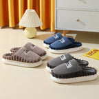 Men's Home Slippers Thick-soled Color-block Letters Fluffy Fleece