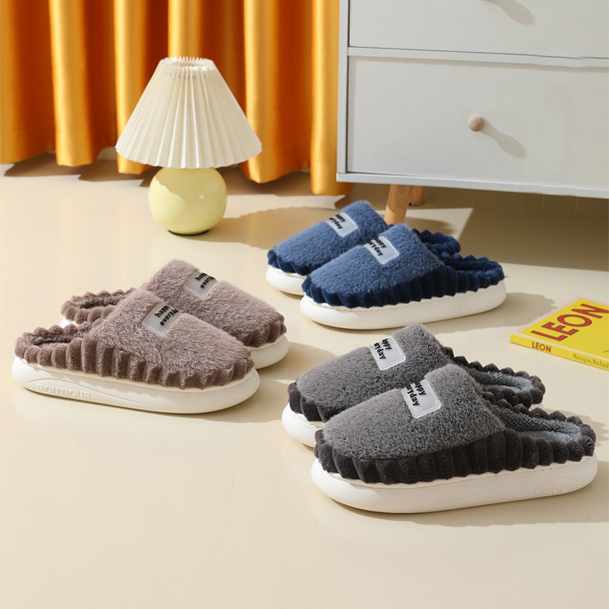Men's Home Slippers Thick-soled Color-block Letters Fluffy Fleece