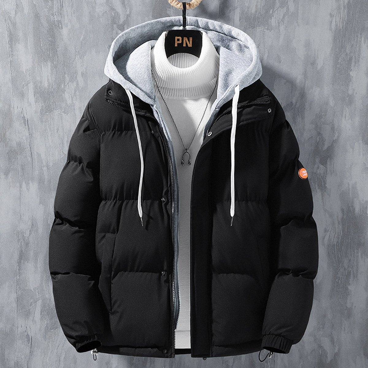 Men's Hooded Jacket Windproof Thickened Fake Two-piece Coat