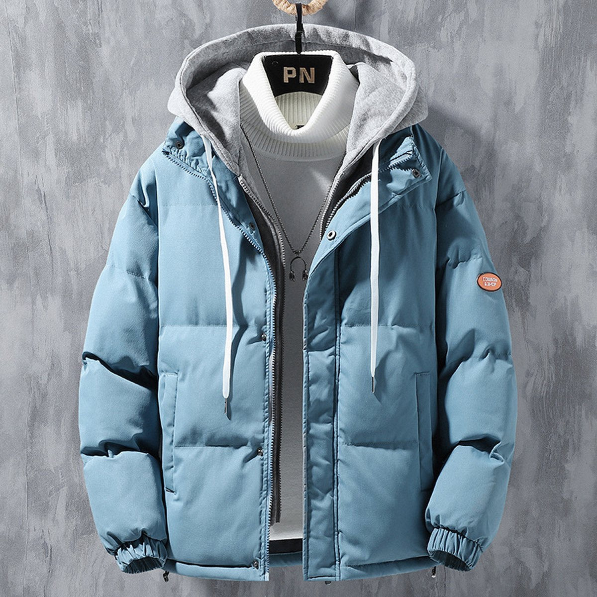 Men's Hooded Jacket Windproof Thickened Fake Two-piece Coat