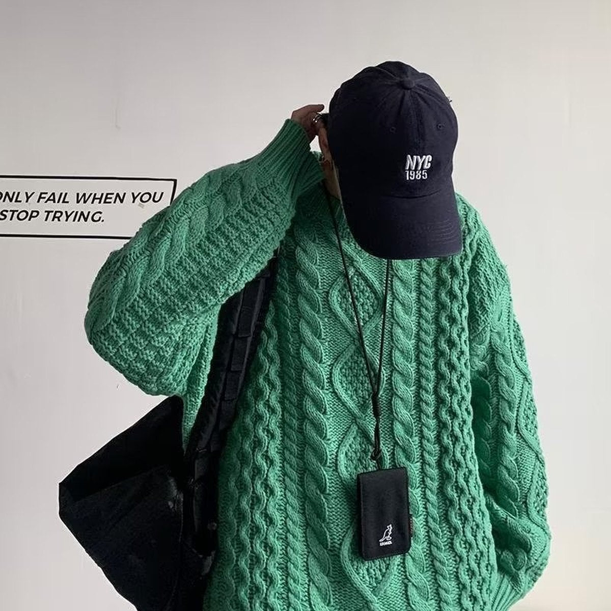Men's Japanese Stitching Contrast Color Cable-knit Sweater