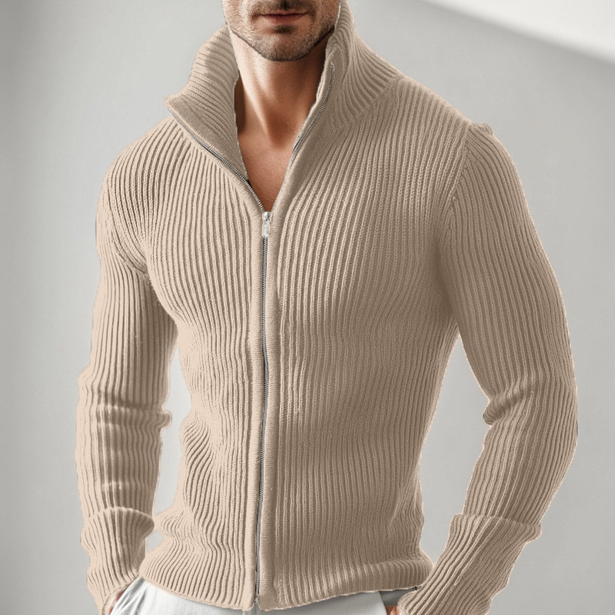 Men's Knitted Zip-up Turtleneck Cardigan