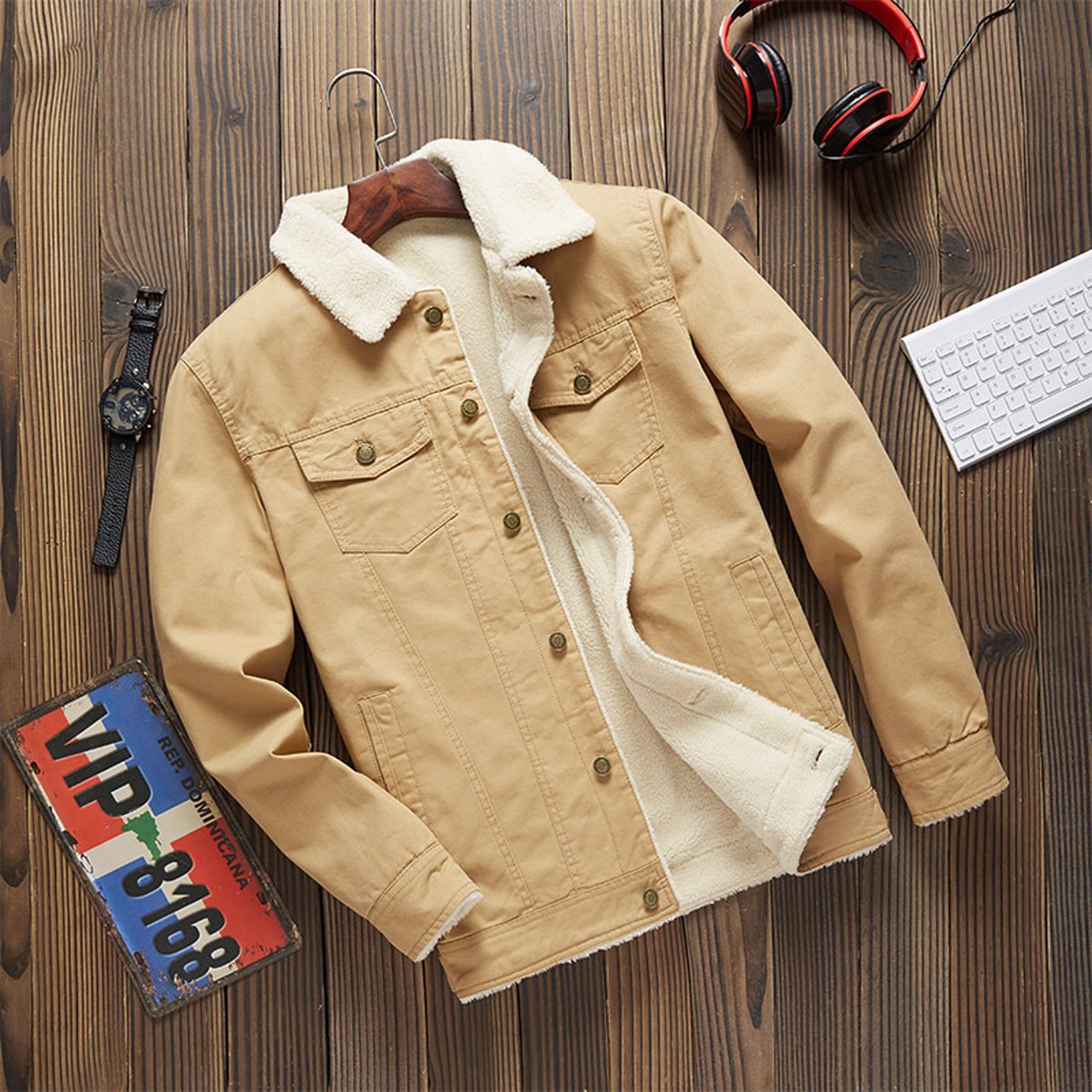 Men's Lamb Wool Plus Fleece Cargo Jacket