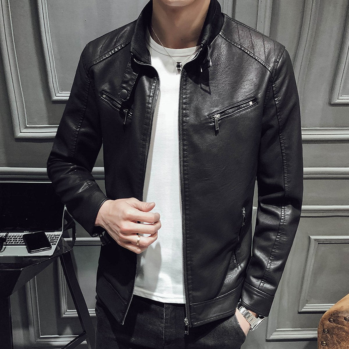 Men's Leather Jacket Zipper Cardigan