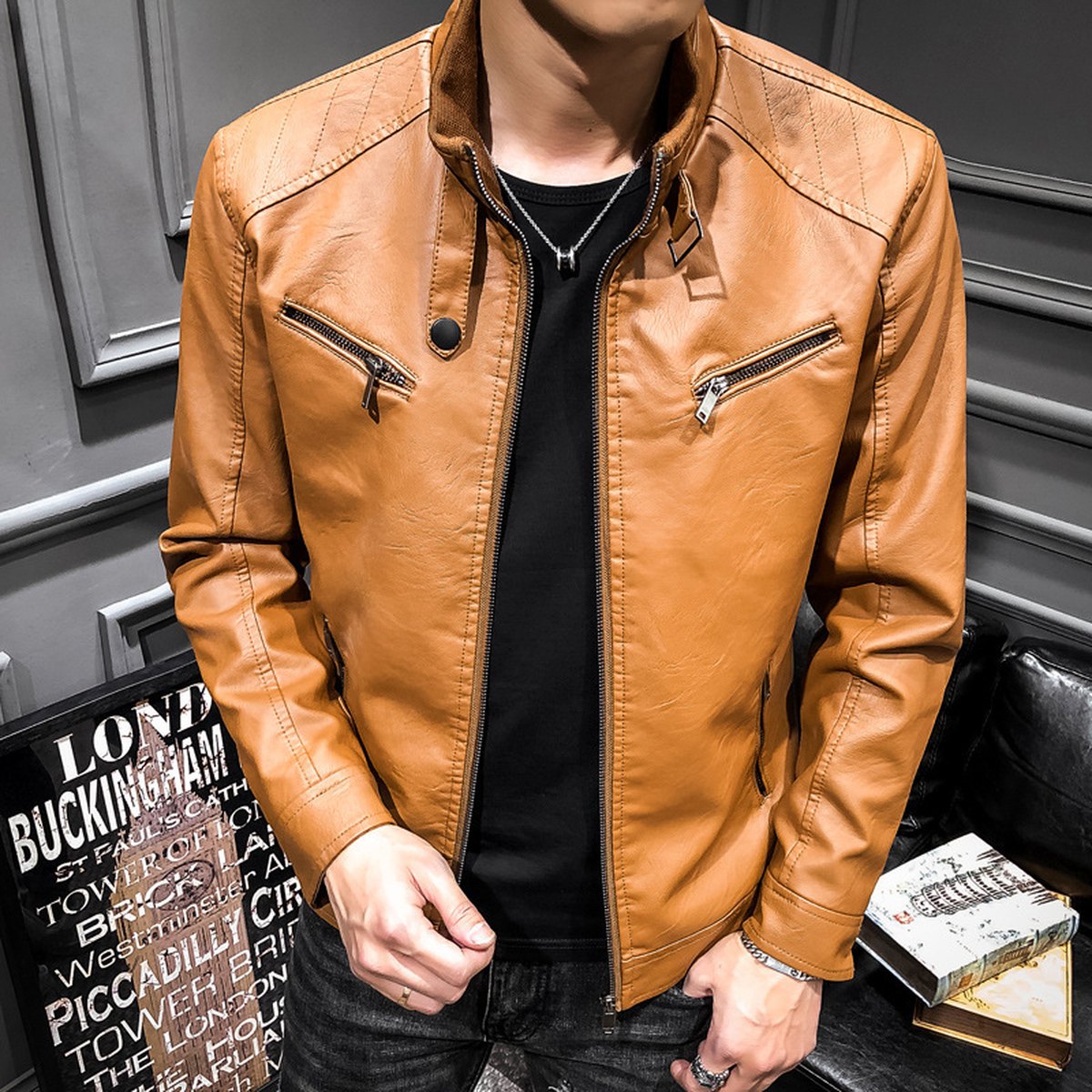 Men's Leather Jacket Zipper Cardigan