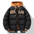 Men's Letter Hooded Cotton Coat Warm Solid Zipper