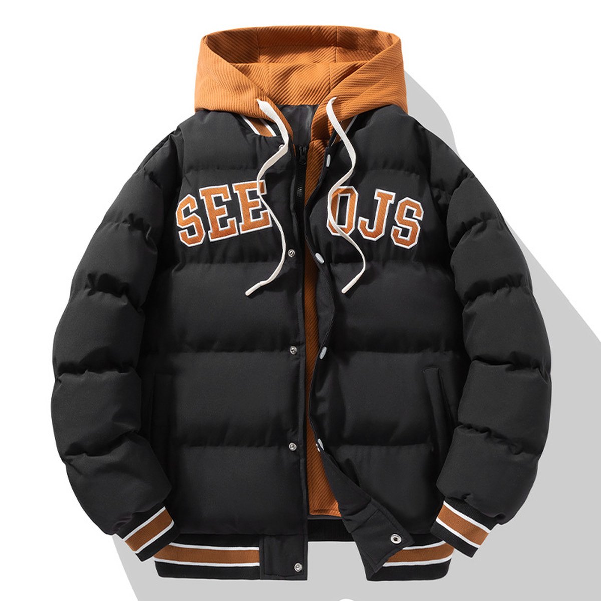 Men's Letter Hooded Cotton Coat Warm Solid Zipper