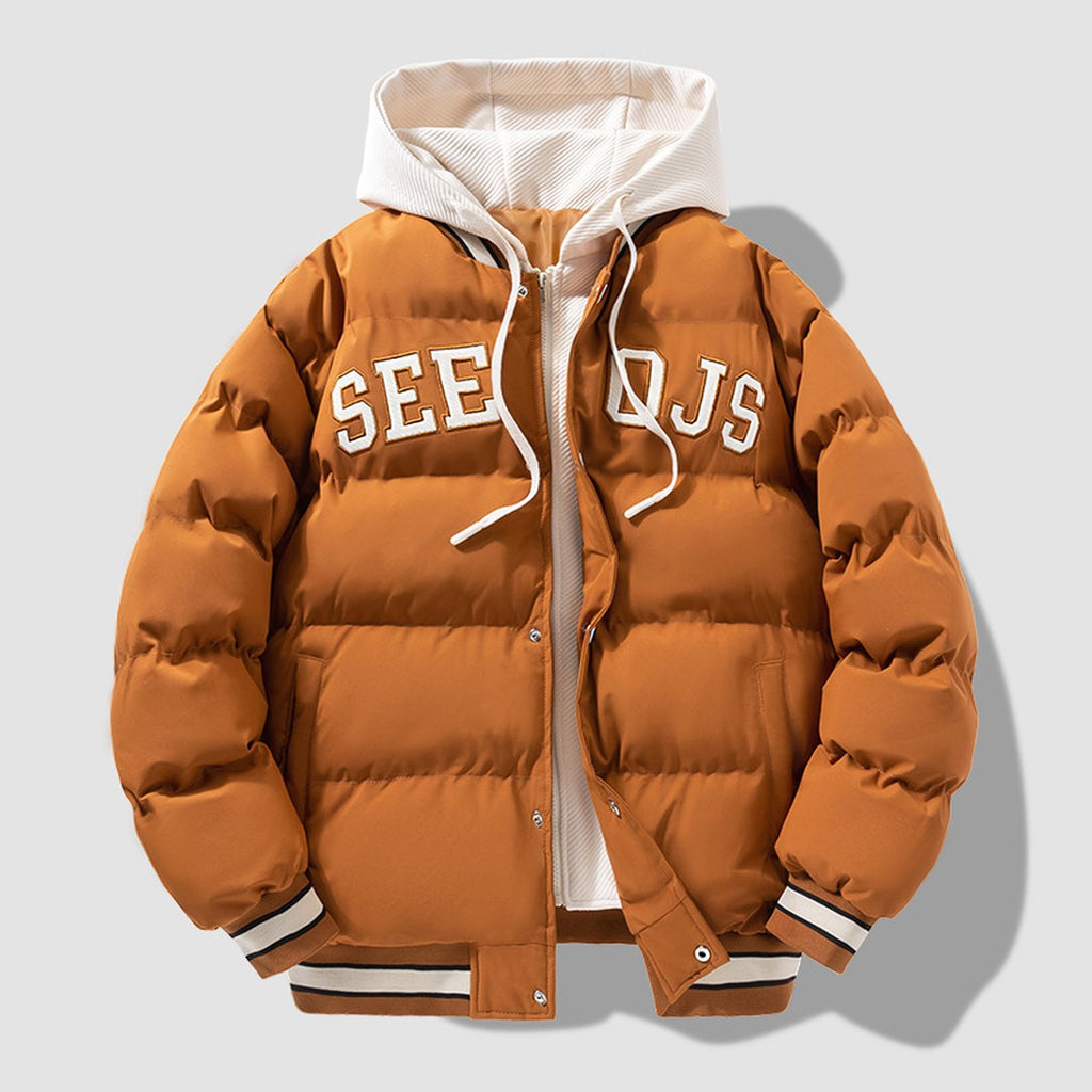 Men's Letter Hooded Cotton Coat Warm Solid Zipper